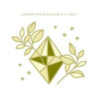 élément de logo en cristal magique dessiné à la main avec feuille botanique et étoiles vecteur