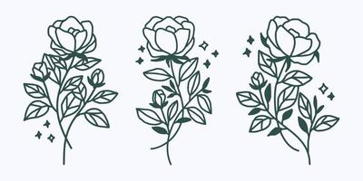 ensemble d'éléments de fleurs et de plantes linéaires vintage dessinés à la main pour le logo ou la décoration vecteur