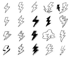 ensemble d'illustrations de croquis de symbole d'éclair électrique doodle vecteur dessiné à la main. illustration vectorielle