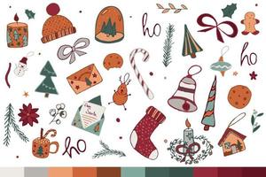 sertie d'éléments graphiques de noël pour les cartes de conception et les invitations. chapeau avec chaussette, bougie et lettre au père Noël pour une fête parfaite. vecteur