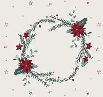 couronne ronde de noël poinsettia pour la décoration de cadre de vacances d'hiver. bordure de célébration de mariage élégante avec ornement de feuilles vertes rouges. vecteur