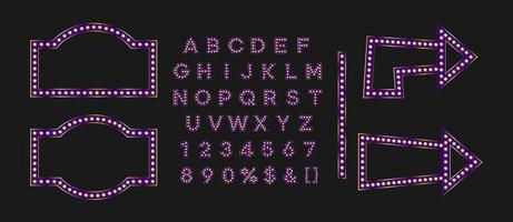 panneau violet brillant et flèche pour la bannière de vente du vendredi noir. alphabet de marque violet pour le logo de la boîte de nuit ou l'insigne d'événement. vecteur