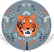 le symbole de l'année du tigre décoré de fleurs vecteur