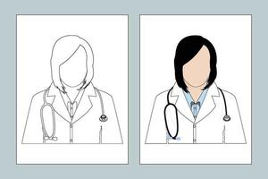 dessin au trait femme médecin. docteur en médecine vecteur de page à colorier. design plat de femme médecin. dessin au trait infirmière. vecteur de stéthoscope. docteur coloriage dessin au trait. fichier de coupe svg page à colorier.