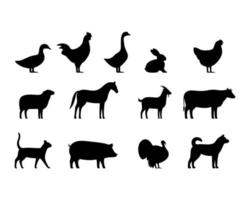 Ensemble d'icônes noires d'animaux de ferme, bétail, illustration vectorielle
