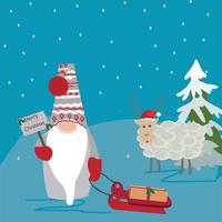 gnome en hiver félicite Noël. avec un traîneau et un cadeau vecteur