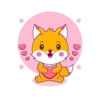 personnage de dessin animé de renard mignon étreignant le coeur d'amour vecteur