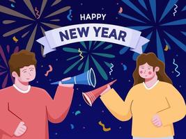 les gens célèbrent le nouvel an ensemble illustration de dessin animé. les gens célèbrent la nouvelle année avec une fête. bonne année 2022 concept design de vecteur. carte de voeux, bannière, affiche, carte postale, web. vecteur