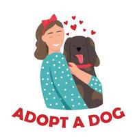 une jeune femme avec un chien. propriétaire d'animal domestique. lettrage adopter un chien. illustration vectorielle plane vecteur