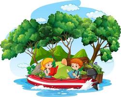 enfants lisant un livre sur un bateau pneumatique en style cartoon vecteur