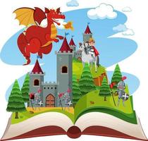 les chevaliers se battent avec le dragon au château sur un livre ouvert vecteur