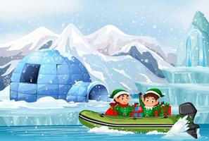 jour de neige avec des elfes mignons livrant des cadeaux en bateau vecteur