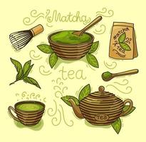 ensemble de vecteurs de produits de thé matcha. poudre de matcha, mochi, théière, cuillère, feuilles de thé. illustration en couleur. les objets sont isolés. vecteur