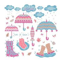 vecteur doodle serti de parapluies, nuages, nuages en caoutchouc. fond isolé.