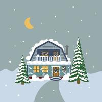 paysage d'hiver avec une maison. illustration vectorielle pour cartes postales.