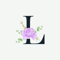 bel alphabet l avec modèle de décoration de logo floral. police de luxe avec illustration vectorielle botanique emblème feuilles vertes. vecteur