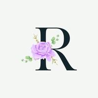 bel alphabet r avec modèle de décoration de logo floral. police de luxe avec illustration vectorielle botanique emblème feuilles vertes. vecteur
