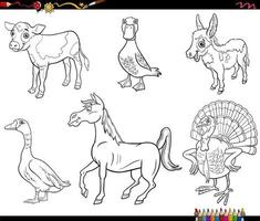 dessin animé, animaux de ferme, caractères, ensemble, livre coloration, page vecteur