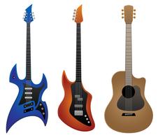 Guitare rock électrique, guitare basse et illustration vectorielle de guitare acoustique