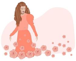 illustration vectorielle, une belle fille vêtue d'une robe rose sème des fleurs roses. printemps fille. conception pour carte de voeux de printemps, affiche de vacances