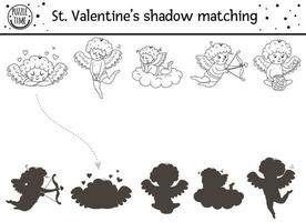 activité de correspondance d'ombres en noir et blanc de la saint valentin pour les enfants. puzzle de contour amusant avec de jolis symboles de vacances. jeu éducatif pour les enfants avec cupidons et thème de l'amour. trouver la bonne silhouette vecteur