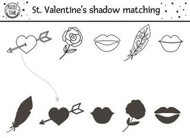 activité de correspondance d'ombres en noir et blanc de la saint valentin pour les enfants. puzzle de contour amusant avec de jolis symboles de vacances. jeu éducatif pour les enfants avec le thème de l'amour. trouver la bonne silhouette vecteur