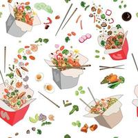 nourriture chinoise dans des boîtes modèle sans couture sur fond blanc. boîtes de nourriture en carton avec des nouilles, du riz, des légumes, des fruits de mer et de la viande, différentes garnitures.
