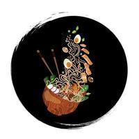 illustration de logo de bol de nouilles ramen. illustration vectorielle de nourriture dessinée à la main dans un style réaliste de dessin animé. cuisine asiatique traditionnelle, ramen au poulet, œuf, champignons et légumes, nouilles volantes dans un bol