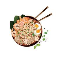 bol de ramen aux crevettes, œuf, champignons, nori et baguettes isolés sur fond blanc, vue de dessus. illustration de la nourriture vectorielle dessin à la main style réaliste. cuisine japonaise traditionnelle. vecteur