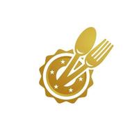 cuillère et fourchette logo icône ruban d'or modèle de symbole vectoriel pour les amateurs de manger ou les gourmets