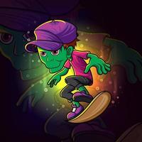 le zombie cool joue le design de la mascotte esport de skateboard vecteur