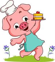 le cochon chef tient un gâteau vecteur