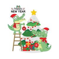 de mignons crocodiles portant un chapeau de noël décorent l'arbre de noël. vecteur