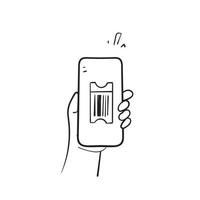 main doodle dessiné main tenant un billet numérique sur illustration smartphone isolé vecteur