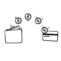 transfert d'argent doodle dessiné à la main du portefeuille au vecteur d'illustration de carte isolé