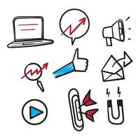 ensemble d'icônes marketing dessinés à la main, référencement, analytique, annonces, doodle d'illustration d'icône d'entreprise vecteur