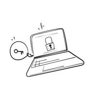 ordinateur portable doodle dessiné à la main et symbole de cadenas pour la protection des données et le vecteur d'illustration de sécurité