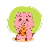 cochon mignon mangeant de la pizza. fond isolé de personnage de dessin animé. vecteur