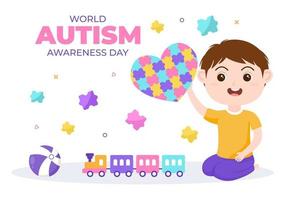 journée mondiale de sensibilisation à l'autisme avec des enfants de personnages mignons et une main de pièces de puzzle adaptées à une carte de voeux, une affiche ou une bannière dans une illustration de conception plate vecteur