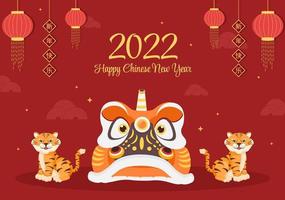 joyeux nouvel an chinois 2022 avec tigre mignon du zodiaque et fleur sur fond rouge pour carte de voeux, calendrier ou affiche en illustration de conception plate vecteur