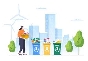 processus de recyclage avec des déchets organiques, du papier ou du plastique pour protéger l'environnement écologique adapté à la bannière, à l'arrière-plan et au Web en illustration à plat vecteur