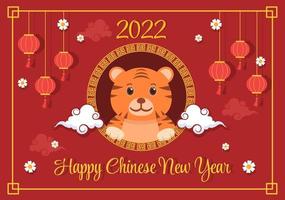 joyeux nouvel an chinois 2022 avec tigre mignon du zodiaque et fleur sur fond rouge pour carte de voeux, calendrier ou affiche en illustration de conception plate vecteur