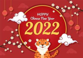 joyeux nouvel an chinois 2022 avec tigre mignon du zodiaque et fleur sur fond rouge pour carte de voeux, calendrier ou affiche en illustration de conception plate vecteur