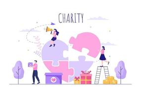aimer la charité ou faire un don via une équipe de bénévoles a travaillé ensemble pour aider et collecter des dons pour une affiche ou une bannière dans une illustration de conception plate vecteur