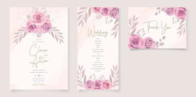 ensemble de beau modèle d'invitation de mariage avec ornement de fleurs roses dessinées à la main vecteur