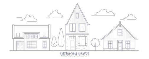 maisons de quartier europe. banlieue hollandaise avec des maisons confortables. façades d'anciens bâtiments traditionnels aux Pays-Bas. illustration vectorielle de contour. vecteur