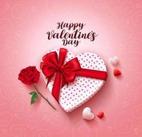 conception de vecteur de carte de voeux joyeux saint valentin avec cadeau d'amour, lasso, fleur rose et coeurs sur fond rose pour la célébration de la saint valentin. illustration vectorielle.