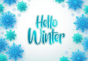 Bonjour fond de carte de voeux de vecteur hiver. bonjour texte d'hiver et flocons de neige dans un espace blanc vide pour le message. illustration vectorielle.