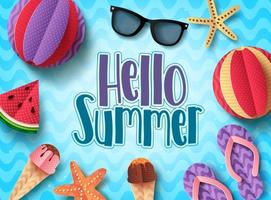 bonjour conception de bannière de vecteur d'été avec des éléments de plage flottant sur fond bleu. modèles de fond d'été avec des éléments de style papier découpé.