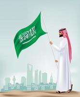 homme d'Arabie saoudite tenant un drapeau dans la ville. illustration vectorielle modifiable vecteur